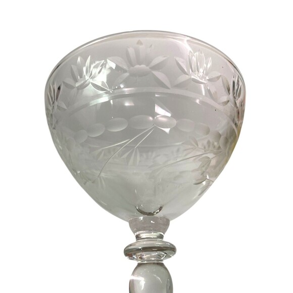 Set of 2 Floral Etched Art Deco Crystal Cut Glass Cocktail Cordial Glasses - Picture 8 of 10